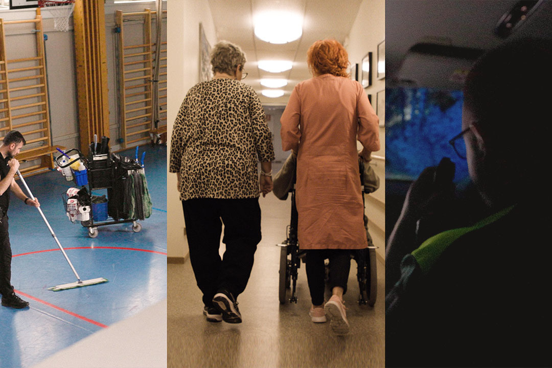 Fotokollage med tre bilder. En man som st&auml;dar i en idrottshall. Tv&aring; kvinnor som skjuter en rullstol. En man fotad snett bakifr&aring;n i en m&ouml;rk bil.